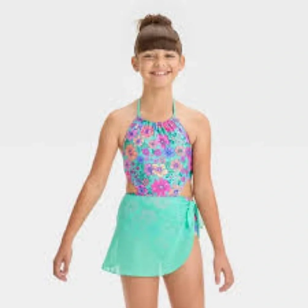 NWT Cat‎ & Jack Girl’s Gingham Floral Cut Out Swimsuit Set - Size: L 10/12 PLUS
